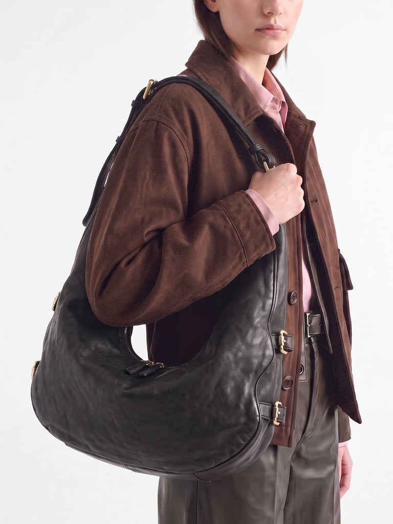 JULIE 015 - Black Leather Shoulder Bag-hover